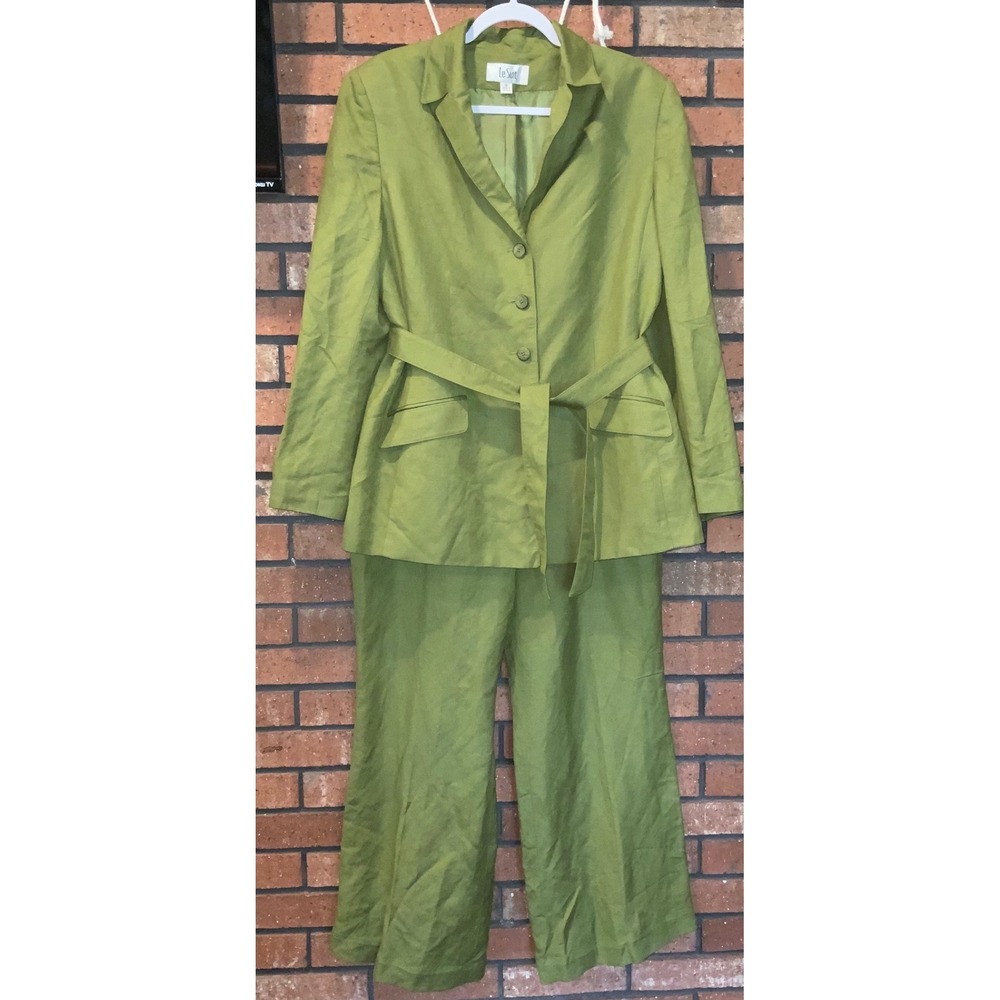 Le Suit Womens Olive Green 2 Piece Pant Suit Blazer & Wide Leg Trousers Size 16